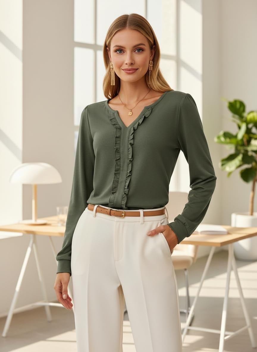 image:imageDokotoo Womens V Neck Ruffle Blouses Long Sleeve Casual Work Tops Loose Fit Pullover ShirtsGreen