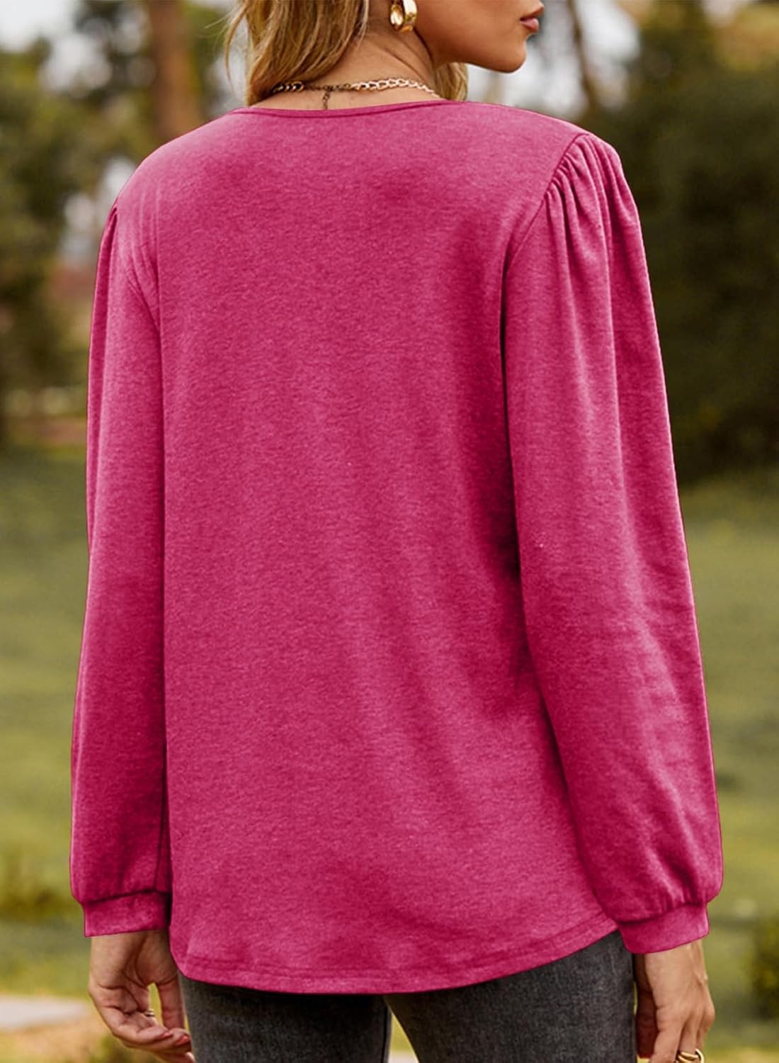 image:imageDokotoo Womens V Neck Ruffle Blouses Long Sleeve Casual Work Tops Loose Fit Pullover ShirtsRose Red