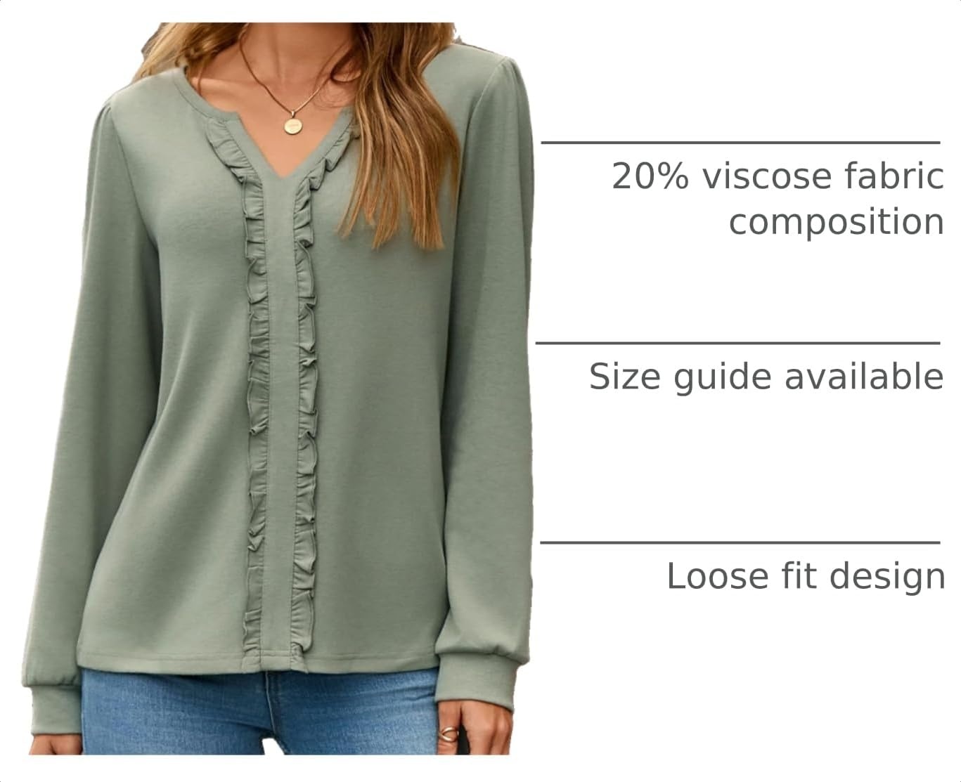 image:imageDokotoo Womens V Neck Ruffle Blouses Long Sleeve Casual Work Tops Loose Fit Pullover ShirtsSmoke Green