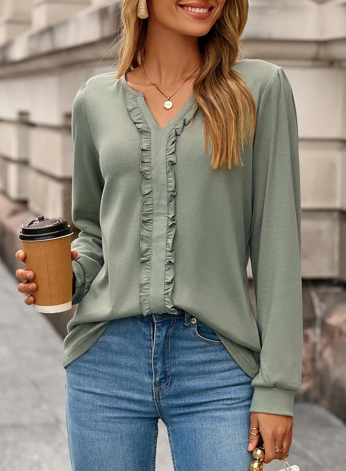 image:imageDokotoo Womens V Neck Ruffle Blouses Long Sleeve Casual Work Tops Loose Fit Pullover ShirtsSmoke Green