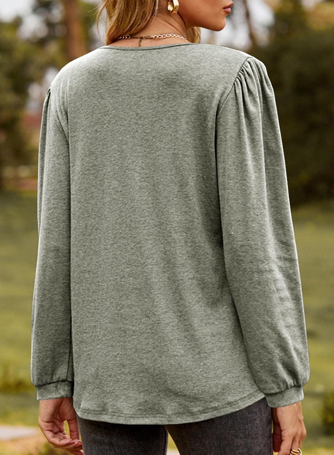 image:imageDokotoo Womens V Neck Ruffle Blouses Long Sleeve Casual Work Tops Loose Fit Pullover ShirtsSmoke Green