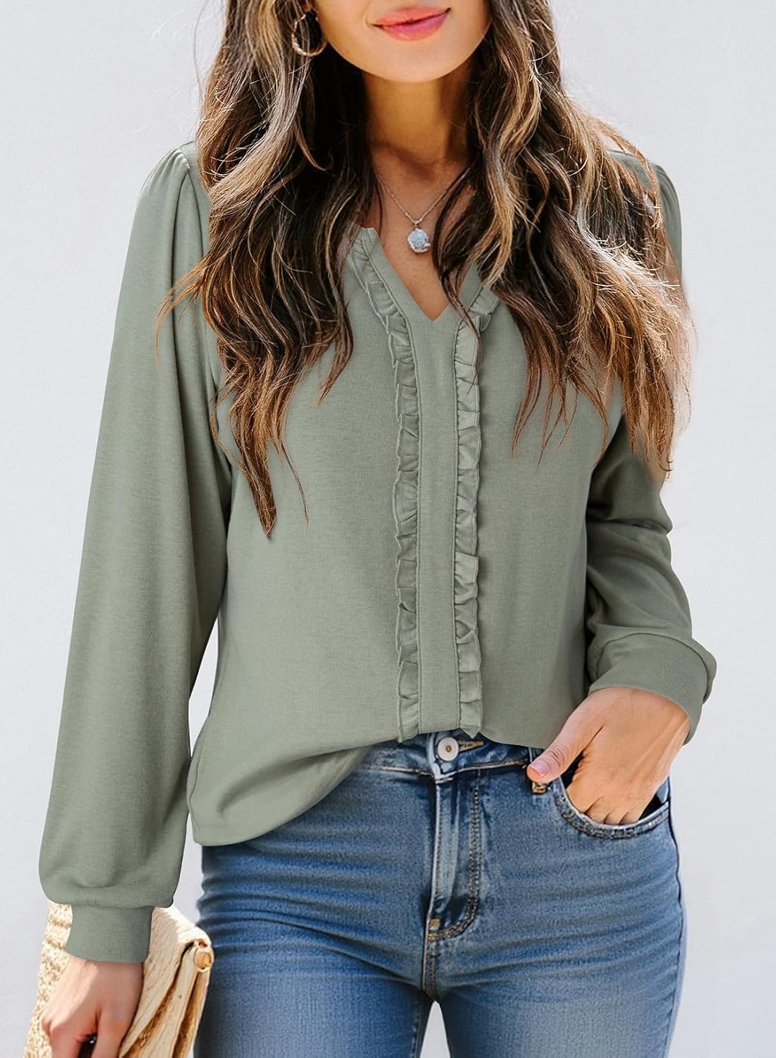 image:imageDokotoo Womens V Neck Ruffle Blouses Long Sleeve Casual Work Tops Loose Fit Pullover ShirtsSmoke Green
