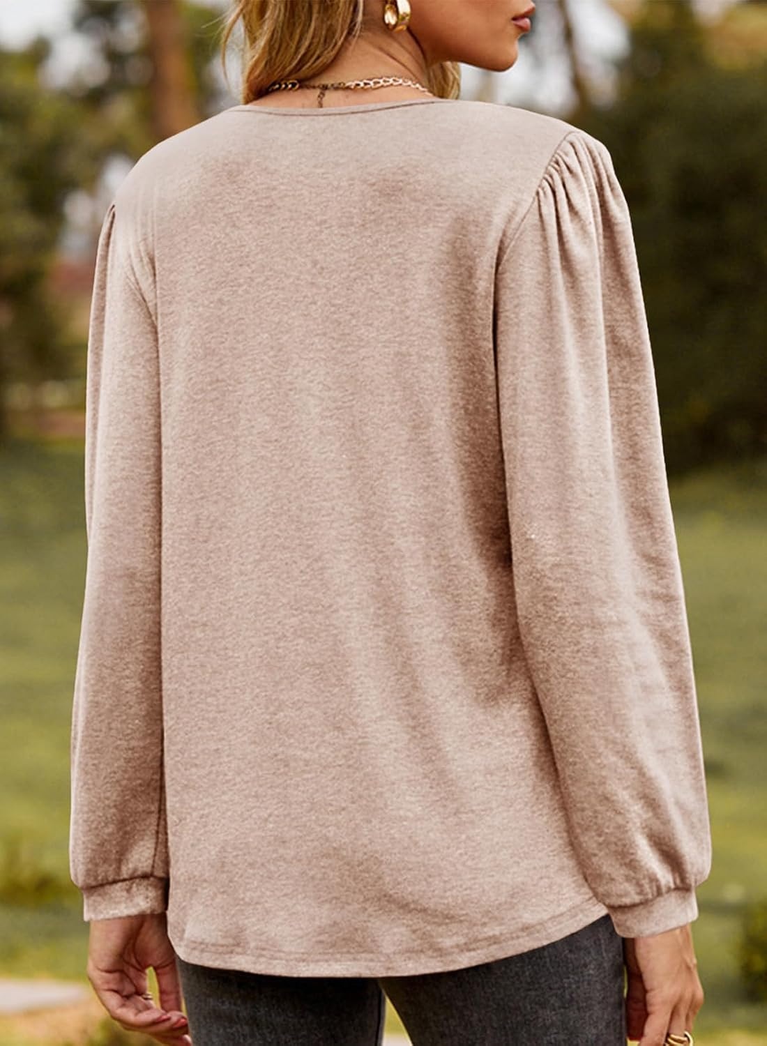 image:imageDokotoo Womens V Neck Ruffle Blouses Long Sleeve Casual Work Tops Loose Fit Pullover ShirtsSmoke Grey