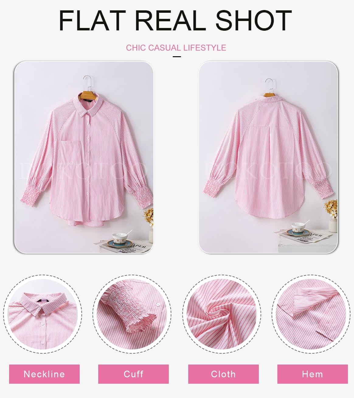 image:imageDokotoo Womens V Neck Striped Button Down Shirts Long Sleeve Tunic TopsPink