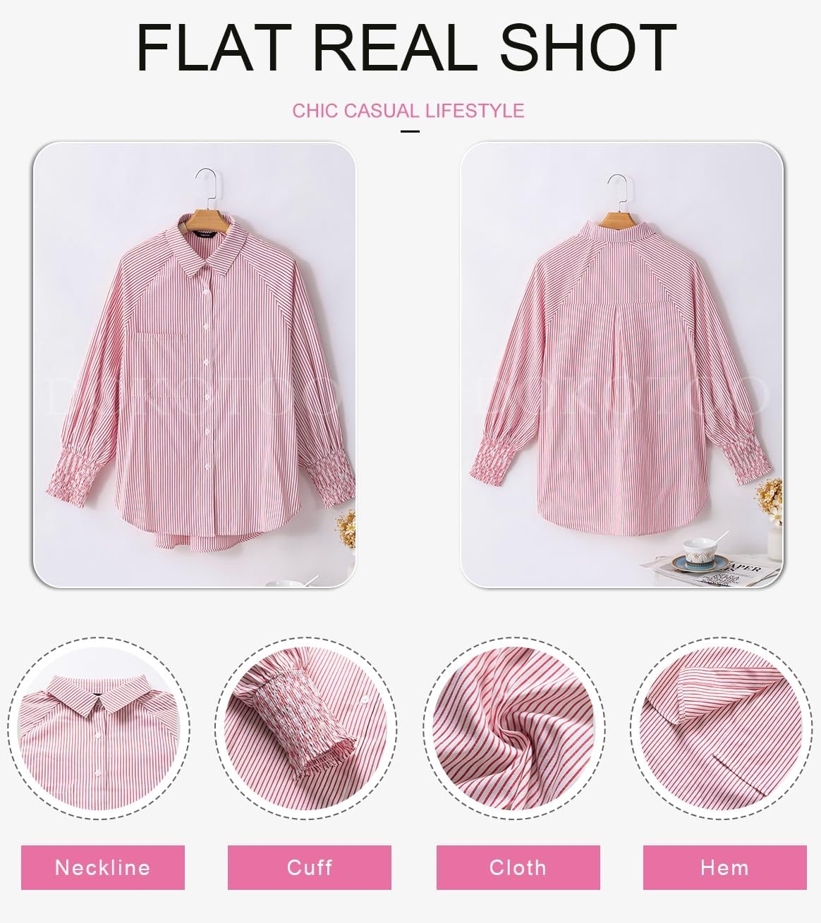 image:imageDokotoo Womens V Neck Striped Button Down Shirts Long Sleeve Tunic TopsRed
