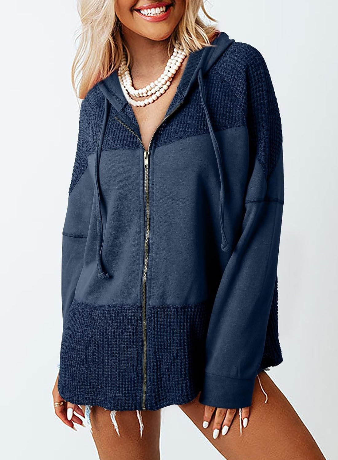image:imageDokotoo Womens Waffle Knit Hoodies Zip Up Drawstring Oversized JacketsBlue