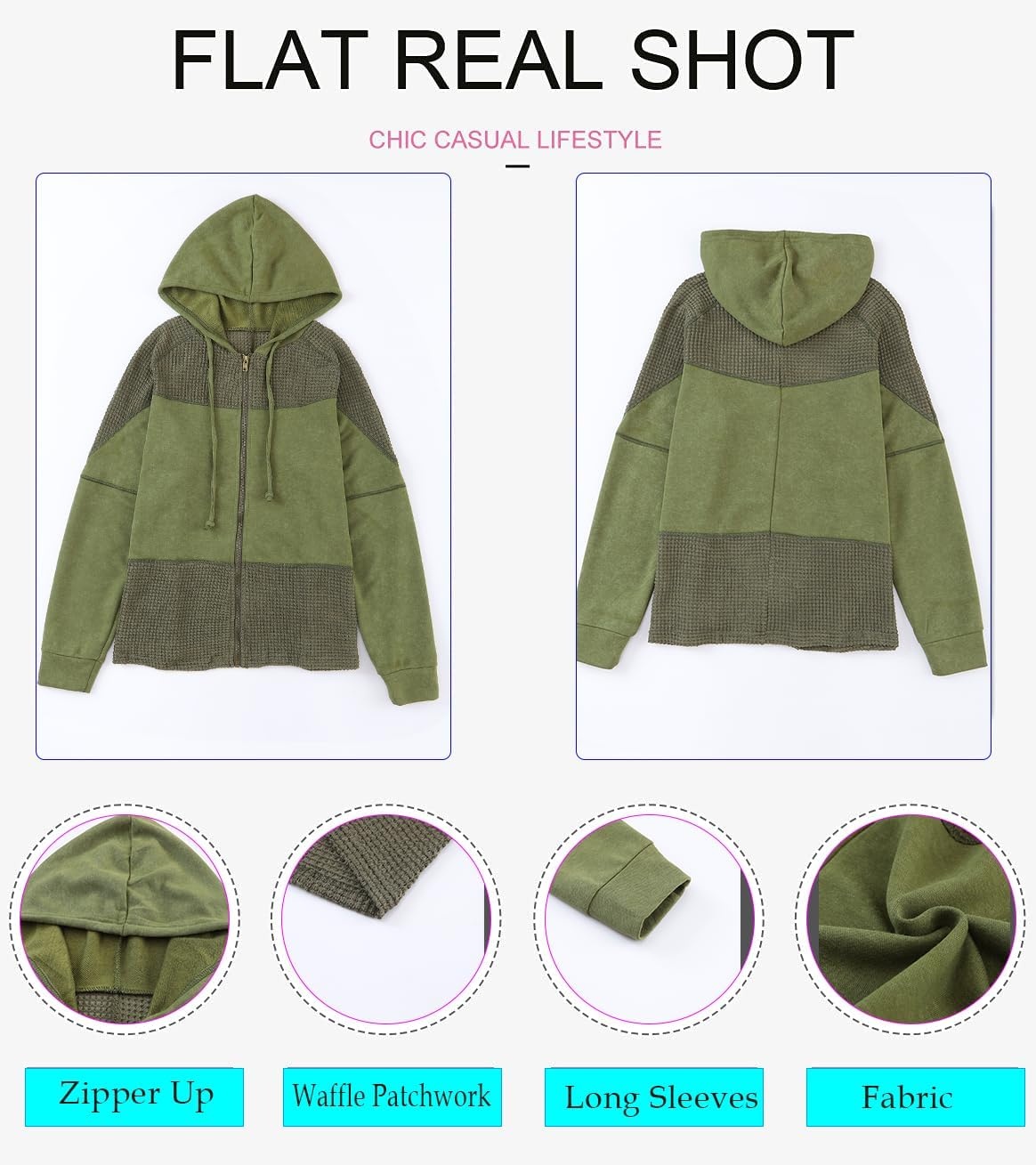image:imageDokotoo Womens Waffle Knit Hoodies Zip Up Drawstring Oversized JacketsGreen