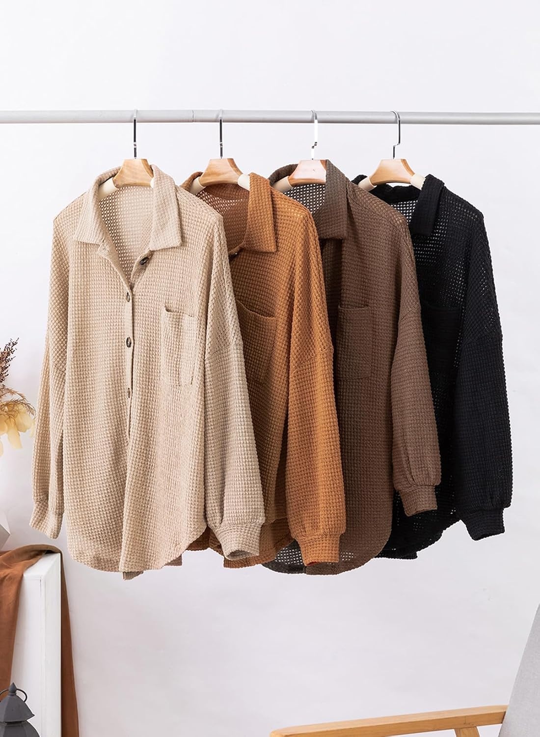 image:imageDokotoo Womens Waffle Knit Shacket Jacket Casual Button Down Shirts TopsBrown