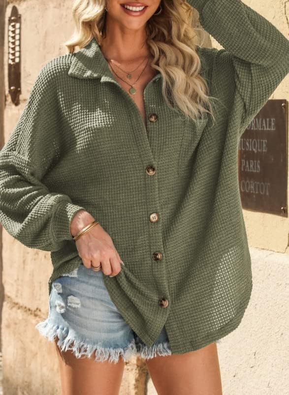 image:imageDokotoo Womens Waffle Knit Shacket Jacket Casual Button Down Shirts TopsGreen