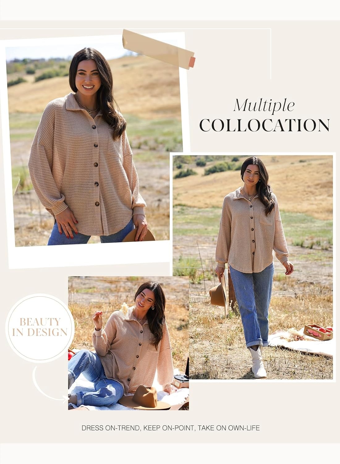 image:imageDokotoo Womens Waffle Knit Shacket Jacket Casual Button Down Shirts TopsKhaki