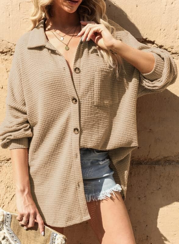 image:imageDokotoo Womens Waffle Knit Shacket Jacket Casual Button Down Shirts TopsKhaki