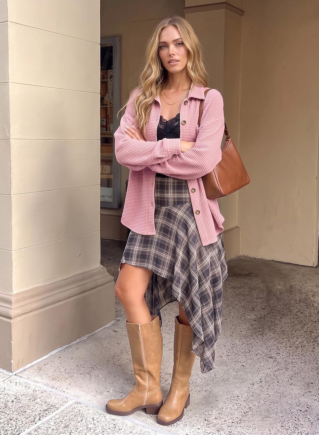 image:imageDokotoo Womens Waffle Knit Shacket Jacket Casual Button Down Shirts TopsPink 1