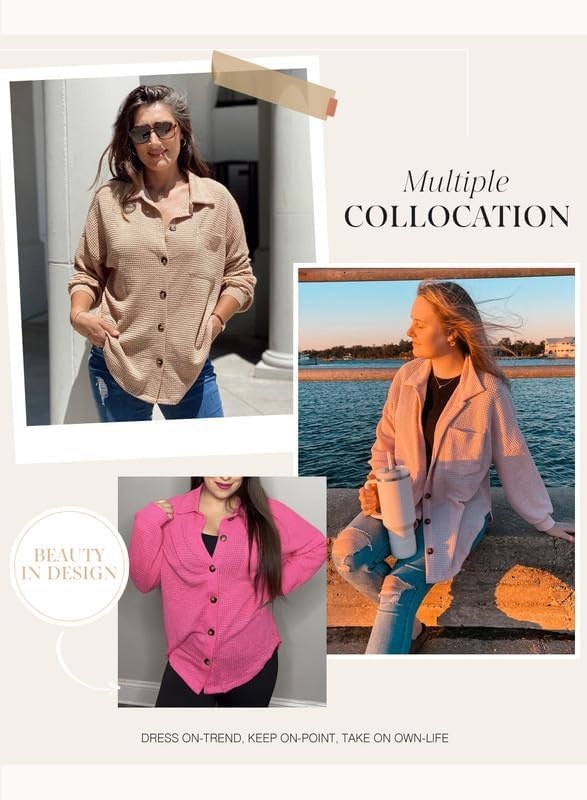 image:imageDokotoo Womens Waffle Knit Shacket Jacket Casual Button Down Shirts TopsPink