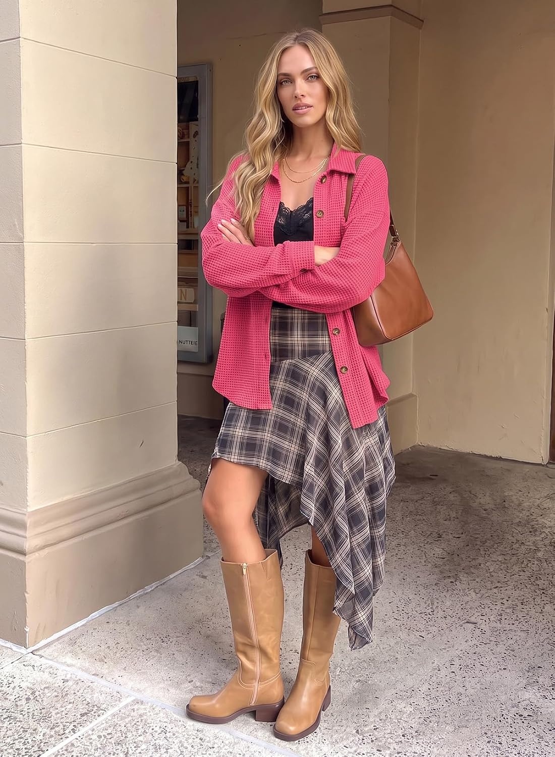 image:imageDokotoo Womens Waffle Knit Shacket Jacket Casual Button Down Shirts TopsPink