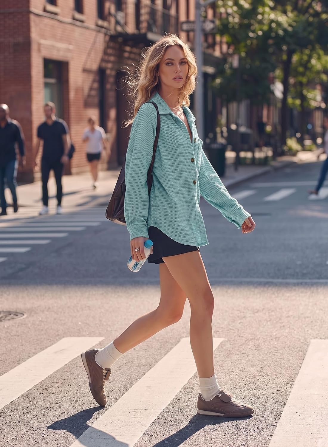 image:imageDokotoo Womens Waffle Knit Shacket Jacket Casual Button Down Shirts TopsSky Blue
