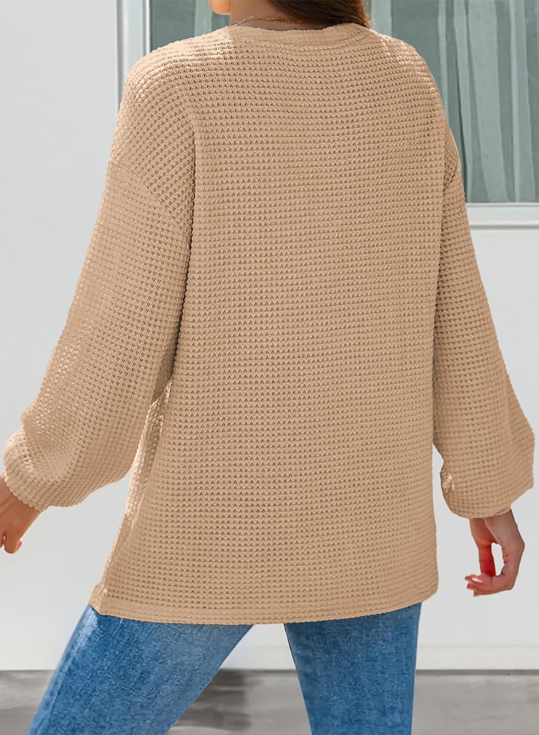 image:imageDokotoo Womens Waffle Knit Tops 2026 Dressy Casual Button Shirts Long Sleeve V Neck Blouses Basic TeeApricot