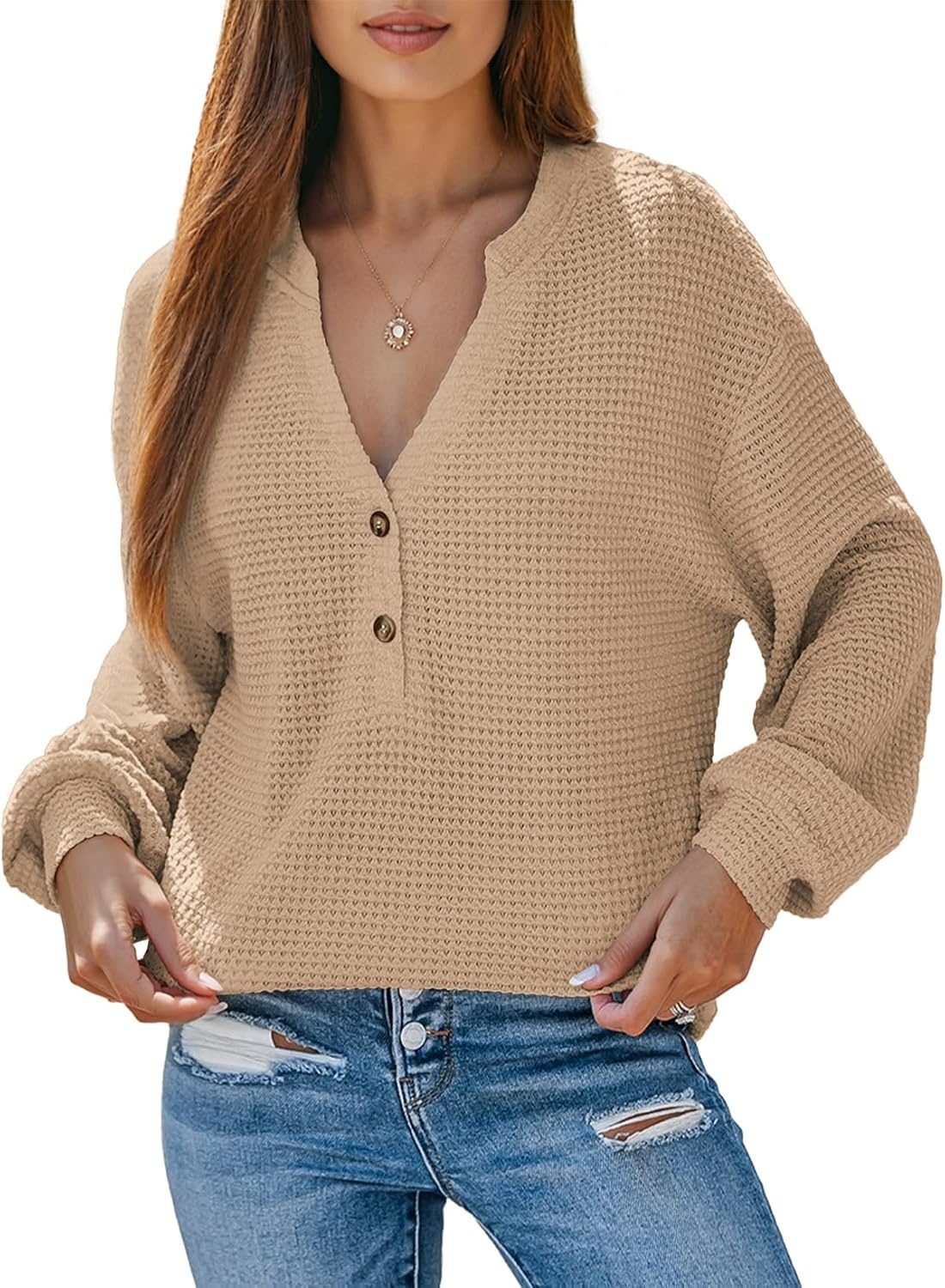 image:imageDokotoo Womens Waffle Knit Tops 2026 Dressy Casual Button Shirts Long Sleeve V Neck Blouses Basic TeeApricot