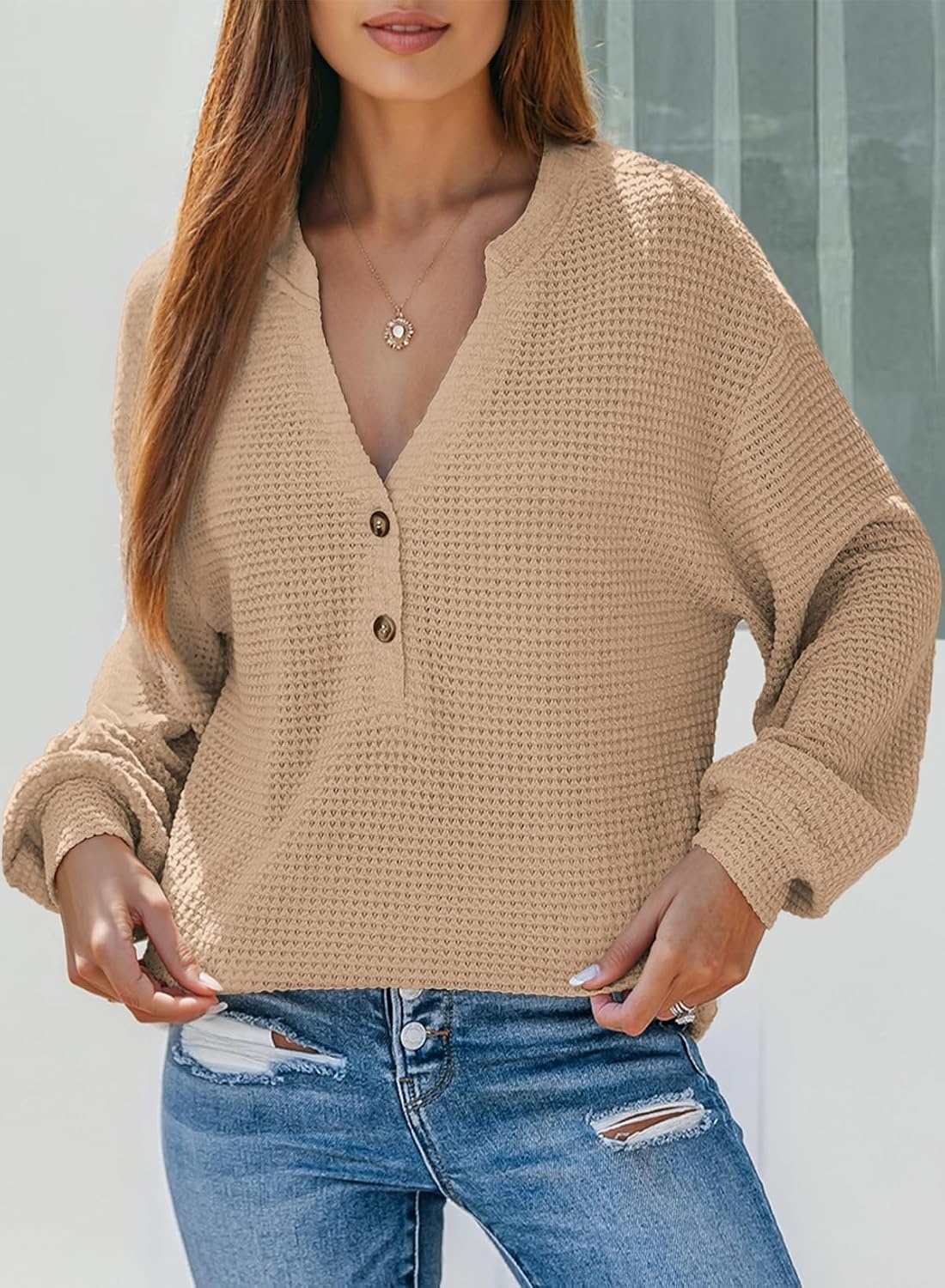 image:imageDokotoo Womens Waffle Knit Tops 2026 Dressy Casual Button Shirts Long Sleeve V Neck Blouses Basic TeeApricot
