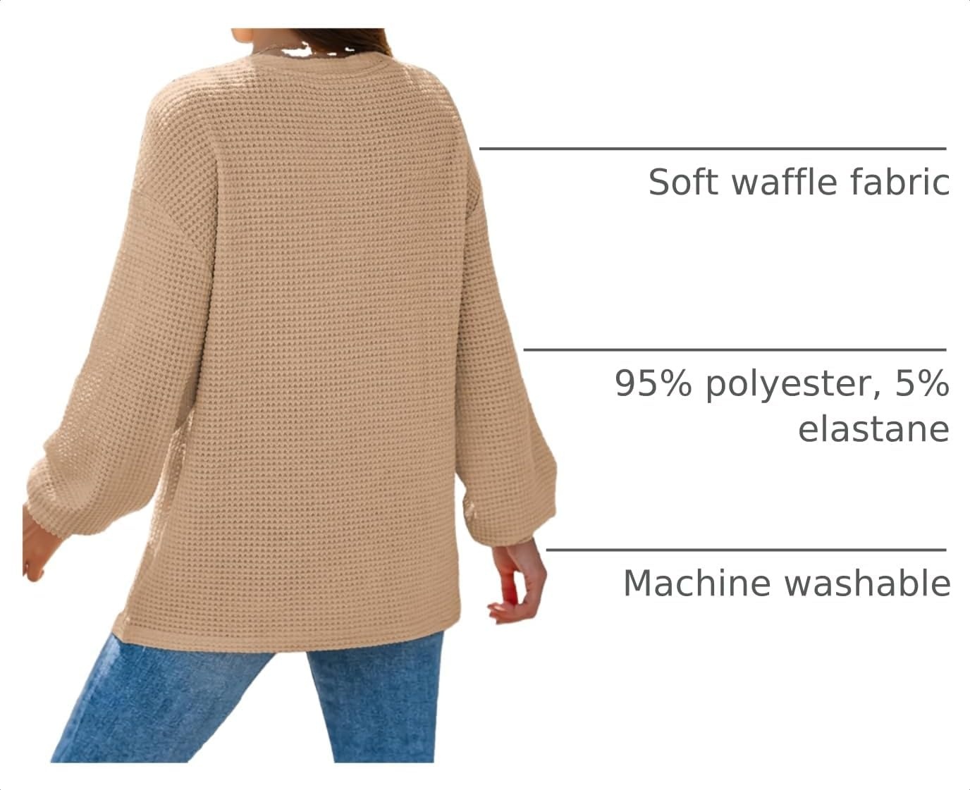 image:imageDokotoo Womens Waffle Knit Tops 2026 Dressy Casual Button Shirts Long Sleeve V Neck Blouses Basic TeeApricot