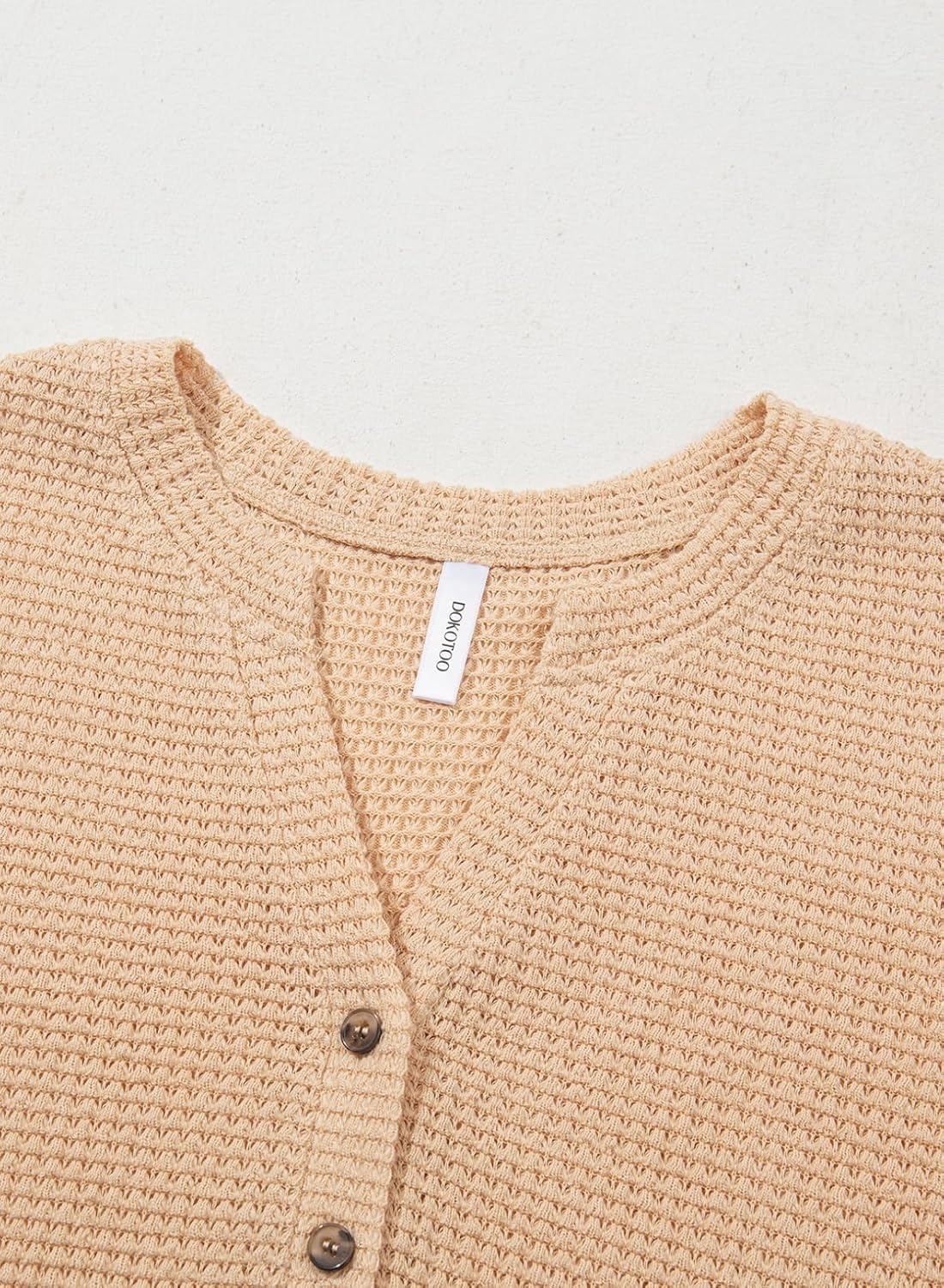 image:imageDokotoo Womens Waffle Knit Tops 2026 Dressy Casual Button Shirts Long Sleeve V Neck Blouses Basic TeeBeige