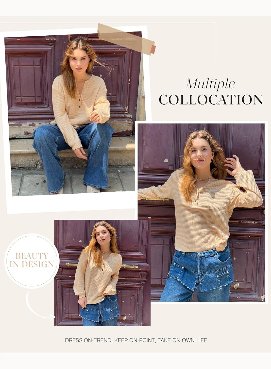 image:imageDokotoo Womens Waffle Knit Tops 2026 Dressy Casual Button Shirts Long Sleeve V Neck Blouses Basic TeeBeige