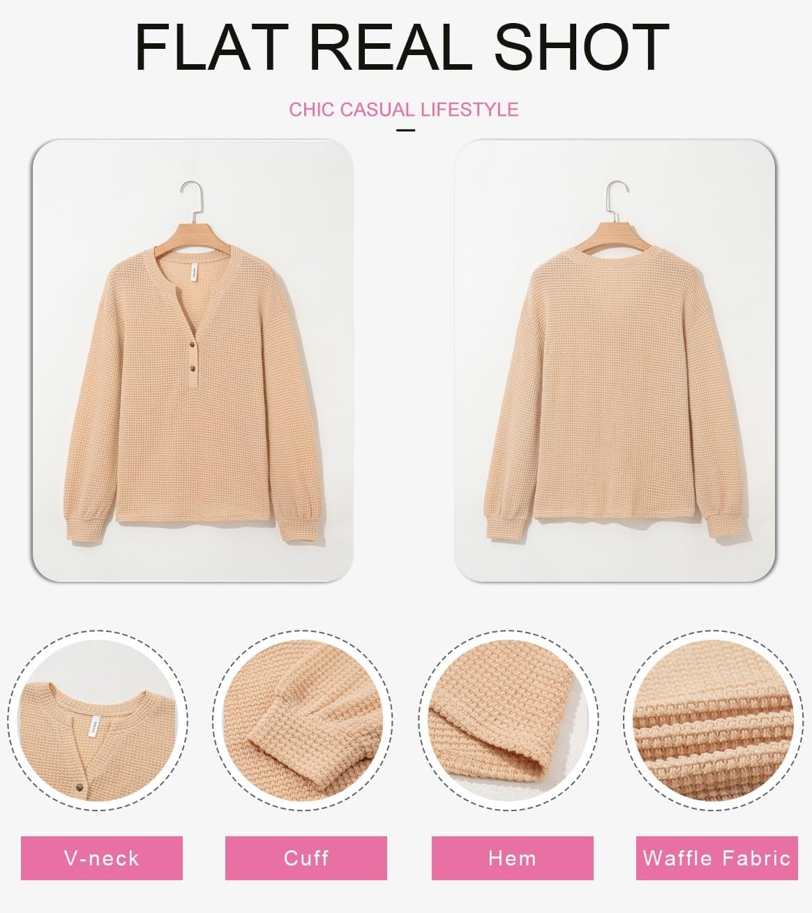 image:imageDokotoo Womens Waffle Knit Tops 2026 Dressy Casual Button Shirts Long Sleeve V Neck Blouses Basic TeeBeige