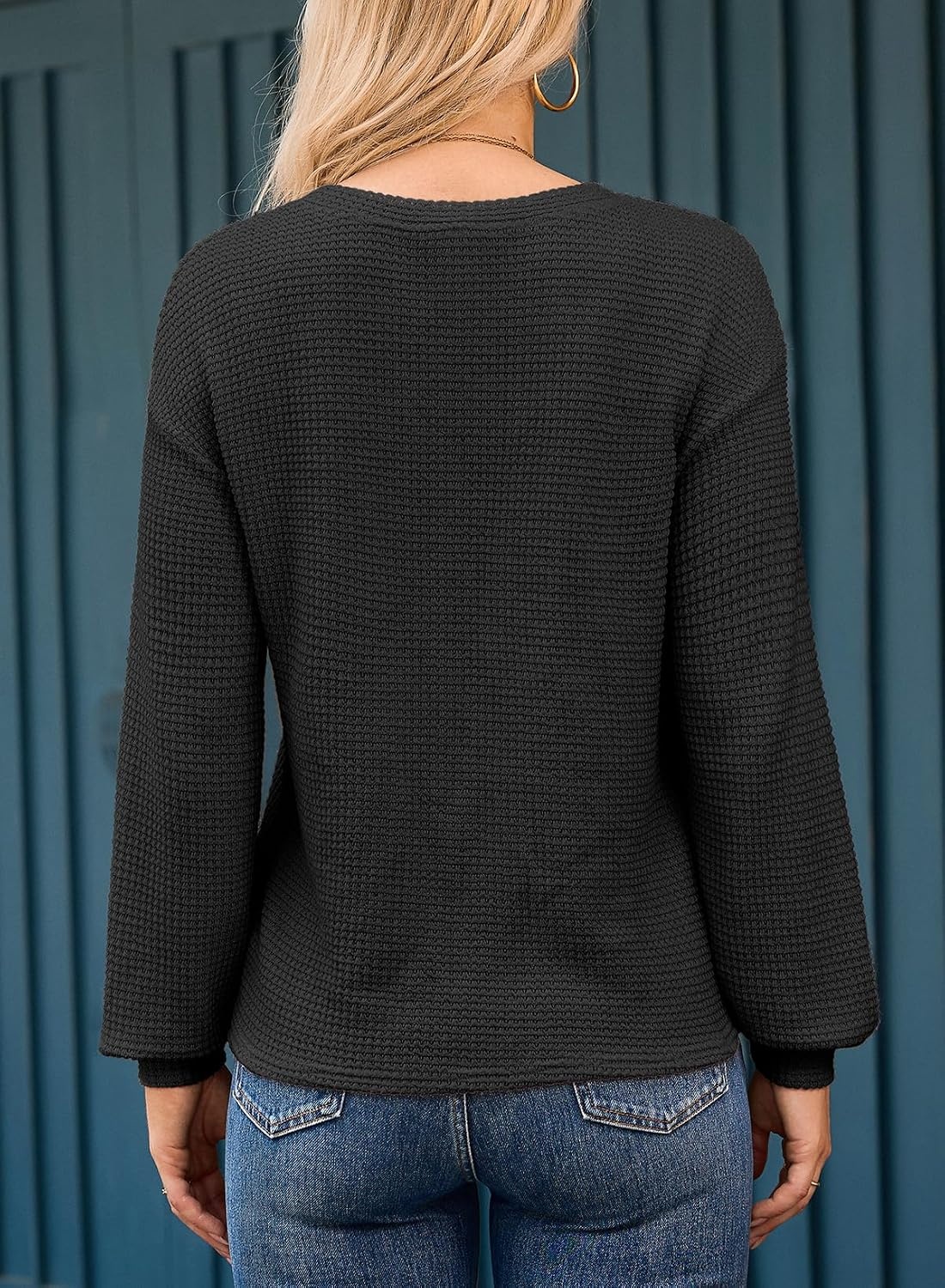 image:imageDokotoo Womens Waffle Knit Tops 2026 Dressy Casual Button Shirts Long Sleeve V Neck Blouses Basic TeeBlack