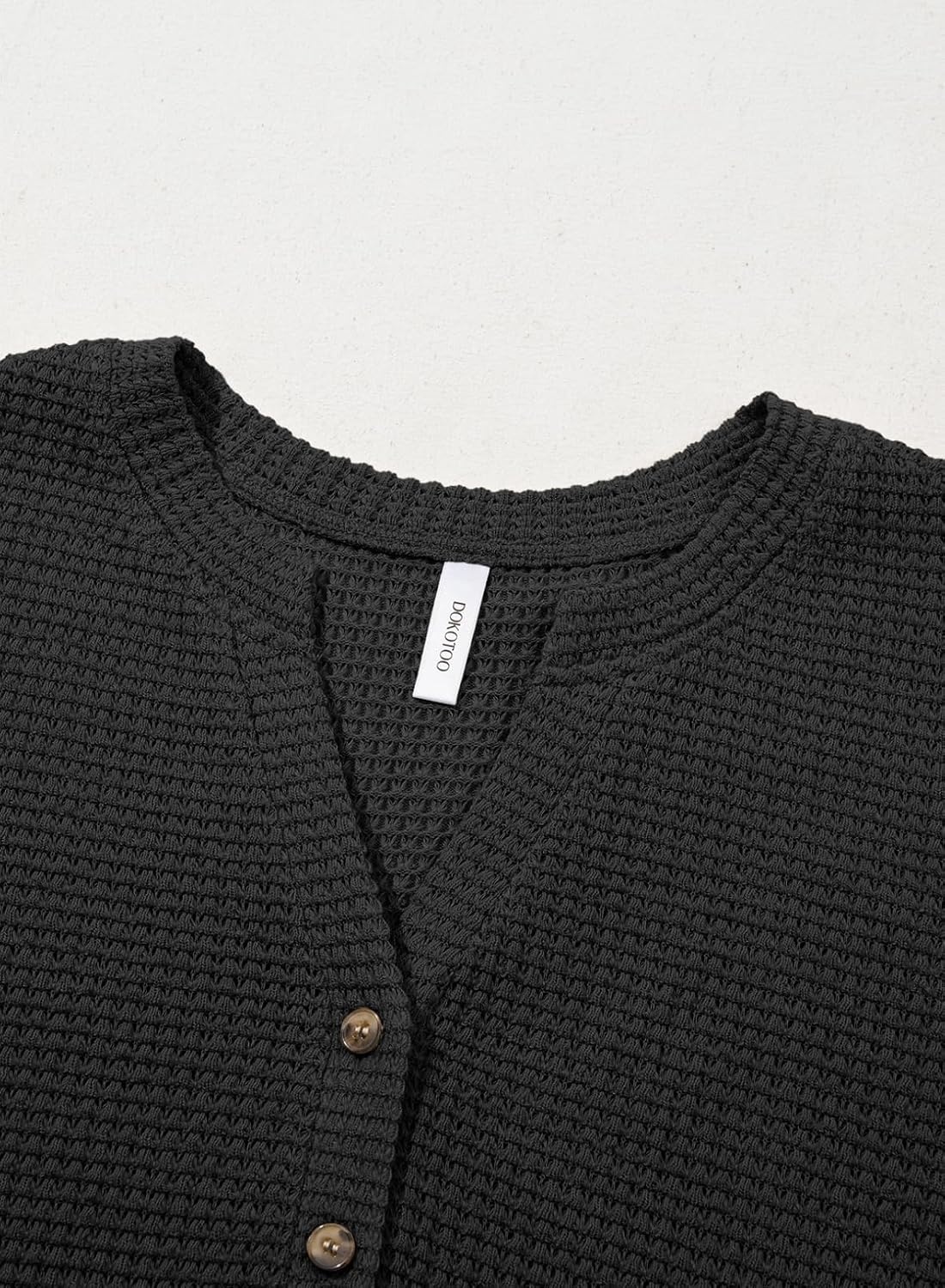 image:imageDokotoo Womens Waffle Knit Tops 2026 Dressy Casual Button Shirts Long Sleeve V Neck Blouses Basic TeeBlack