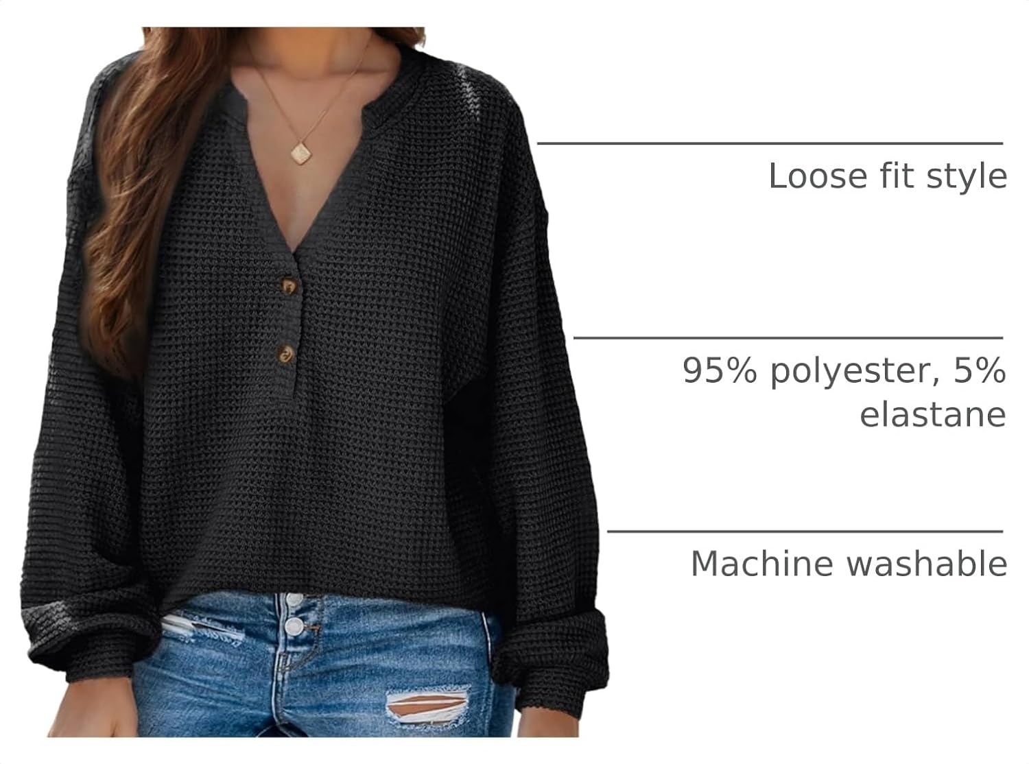 image:imageDokotoo Womens Waffle Knit Tops 2026 Dressy Casual Button Shirts Long Sleeve V Neck Blouses Basic TeeBlack