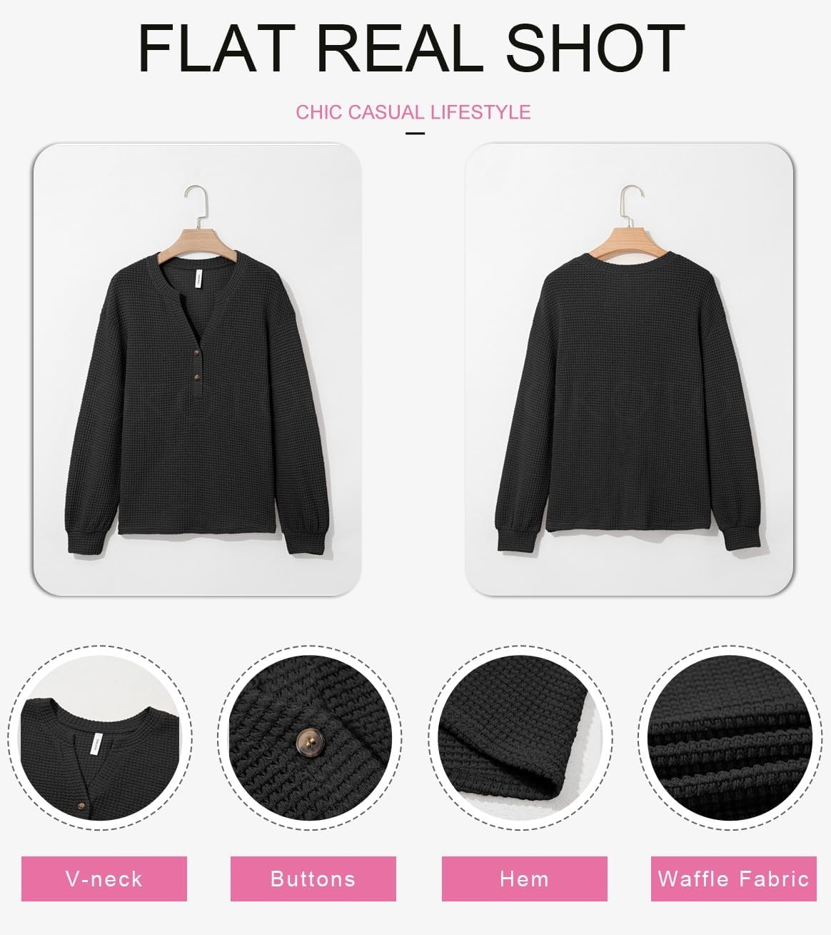image:imageDokotoo Womens Waffle Knit Tops 2026 Dressy Casual Button Shirts Long Sleeve V Neck Blouses Basic TeeBlack