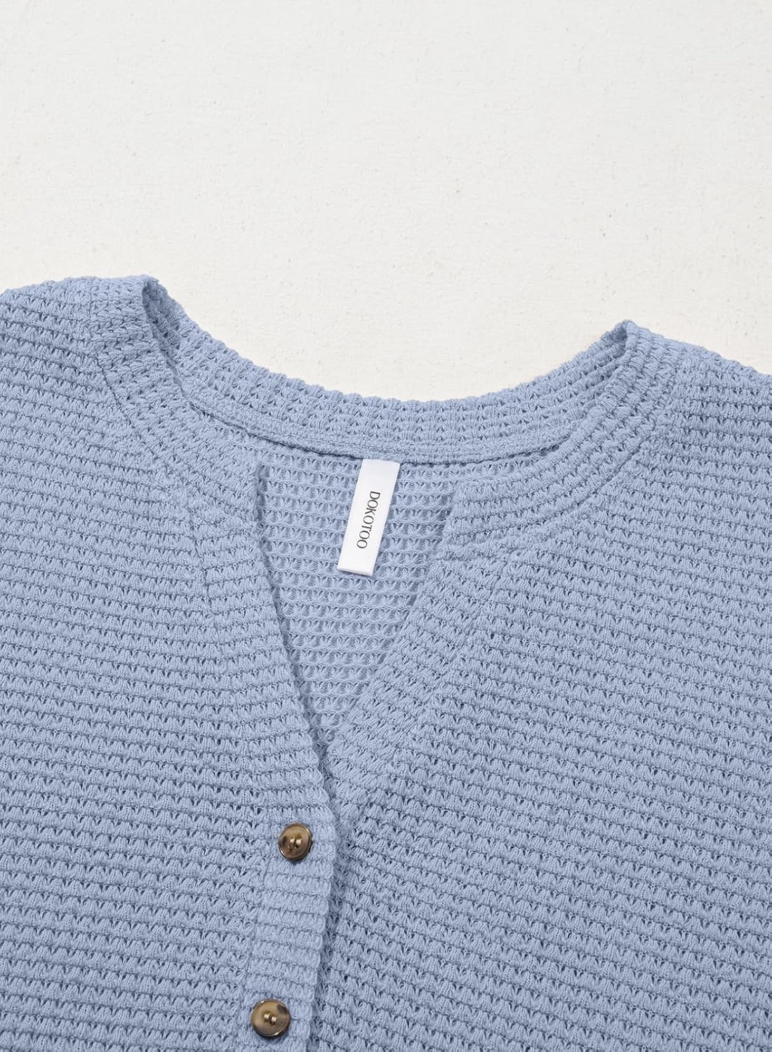 image:imageDokotoo Womens Waffle Knit Tops 2026 Dressy Casual Button Shirts Long Sleeve V Neck Blouses Basic TeeBlue