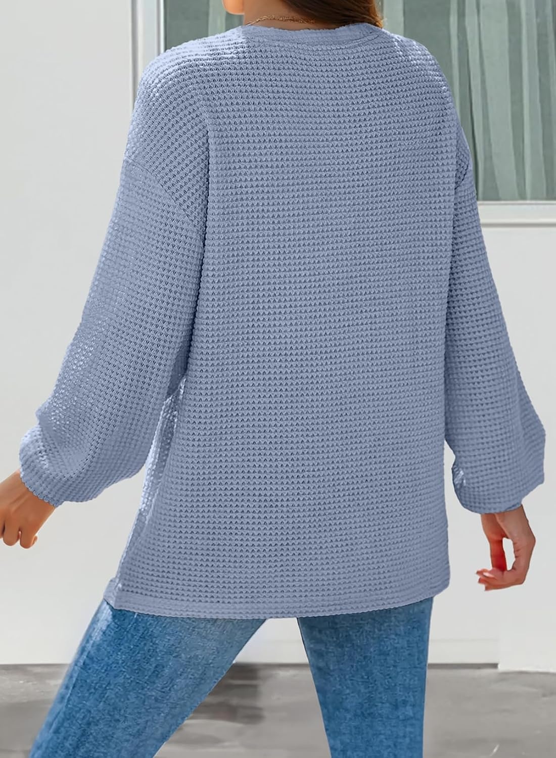 image:imageDokotoo Womens Waffle Knit Tops 2026 Dressy Casual Button Shirts Long Sleeve V Neck Blouses Basic TeeBlue