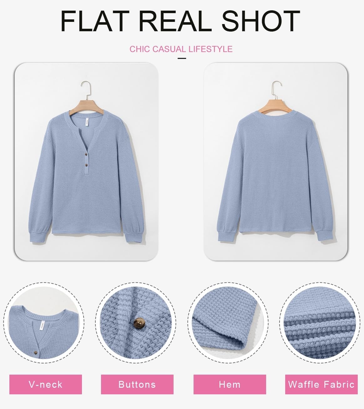 image:imageDokotoo Womens Waffle Knit Tops 2026 Dressy Casual Button Shirts Long Sleeve V Neck Blouses Basic TeeBlue