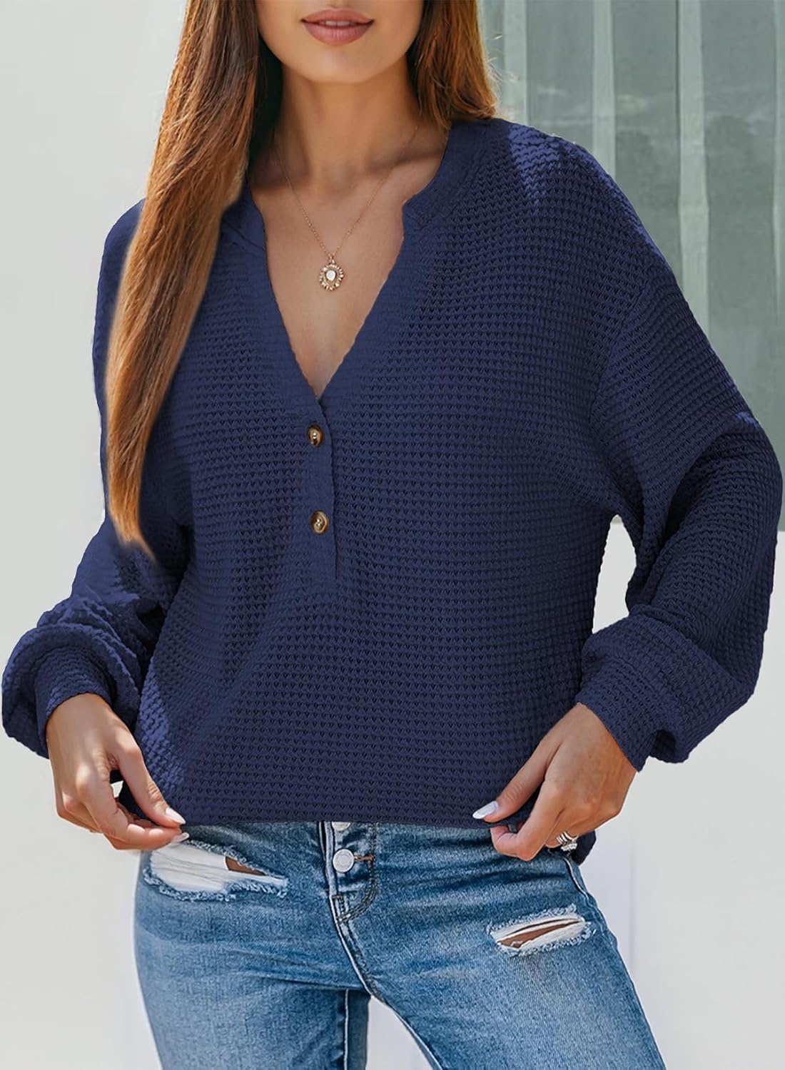 image:imageDokotoo Womens Waffle Knit Tops 2026 Dressy Casual Button Shirts Long Sleeve V Neck Blouses Basic TeeDark Blue