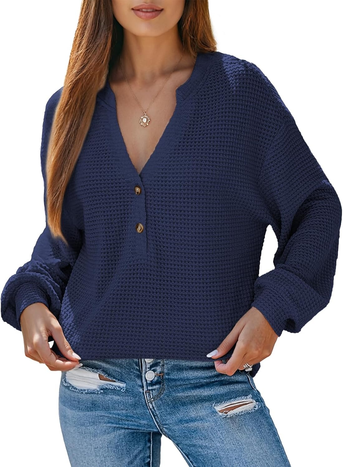 image:imageDokotoo Womens Waffle Knit Tops 2026 Dressy Casual Button Shirts Long Sleeve V Neck Blouses Basic TeeDark Blue