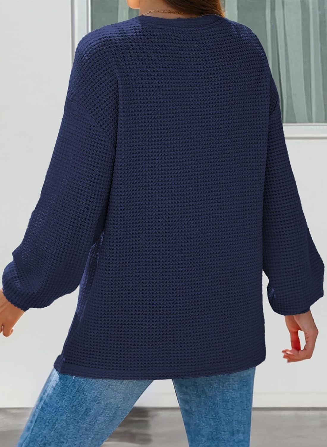 image:imageDokotoo Womens Waffle Knit Tops 2026 Dressy Casual Button Shirts Long Sleeve V Neck Blouses Basic TeeDark Blue
