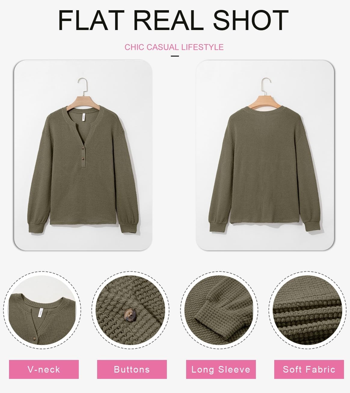 image:imageDokotoo Womens Waffle Knit Tops 2026 Dressy Casual Button Shirts Long Sleeve V Neck Blouses Basic TeeGreen