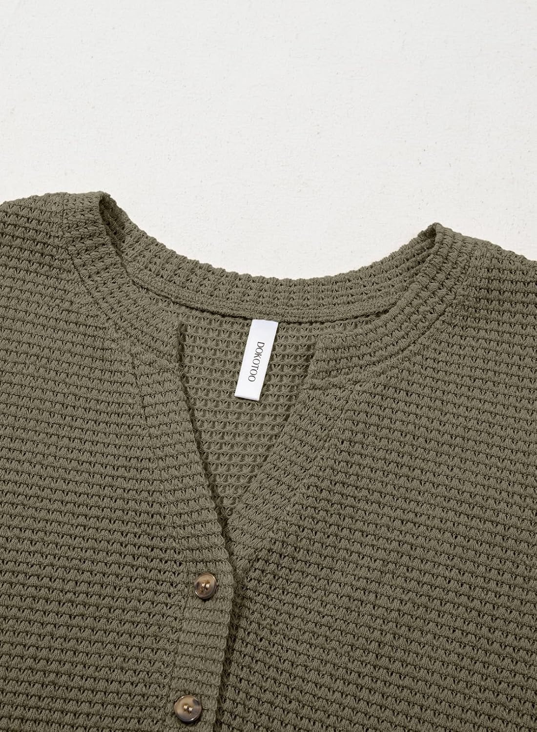 image:imageDokotoo Womens Waffle Knit Tops 2026 Dressy Casual Button Shirts Long Sleeve V Neck Blouses Basic TeeGreen