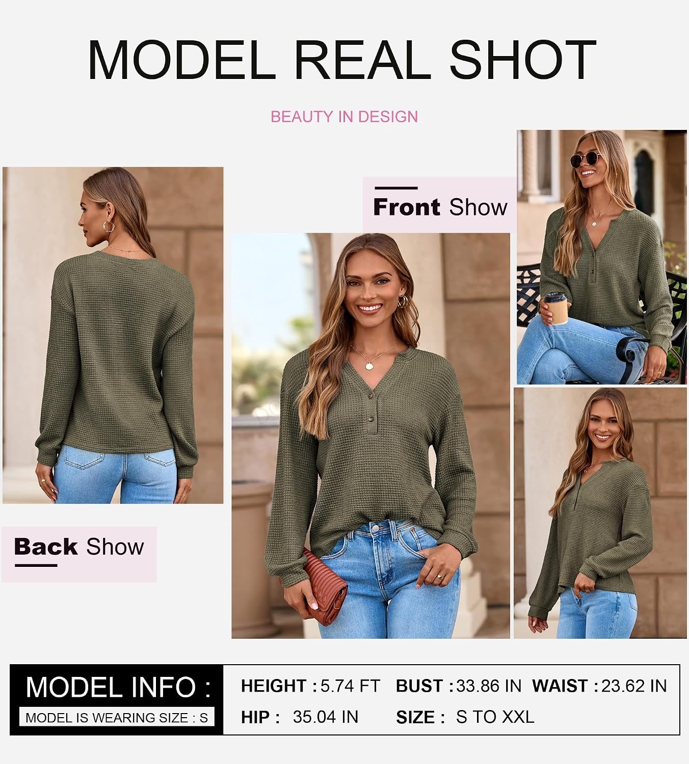 image:imageDokotoo Womens Waffle Knit Tops 2026 Dressy Casual Button Shirts Long Sleeve V Neck Blouses Basic TeeGreen