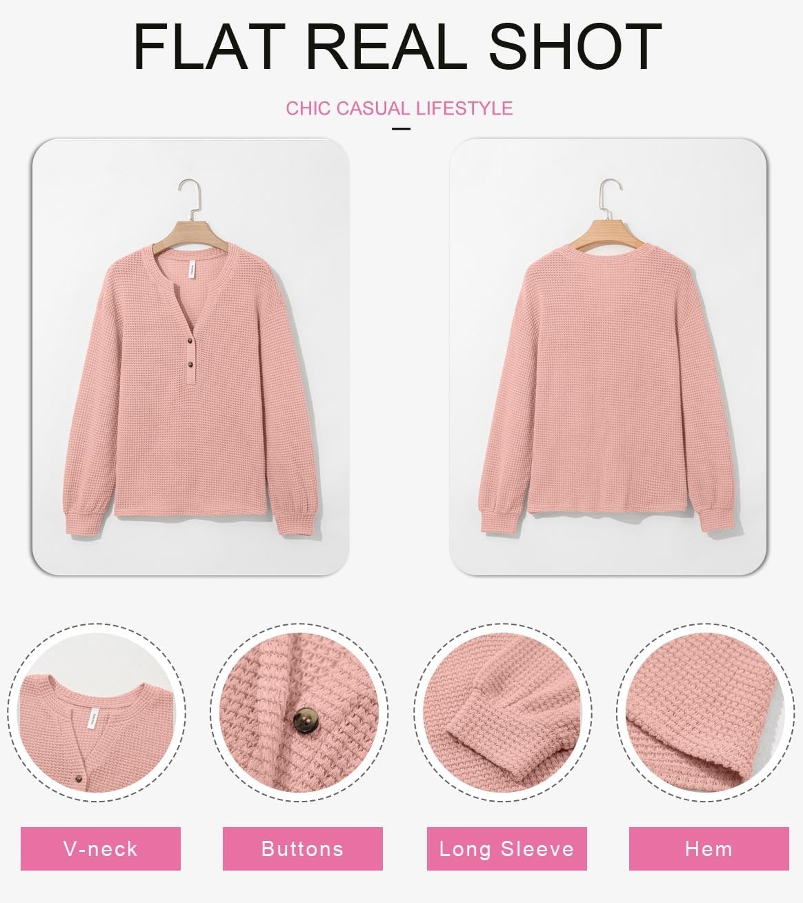 image:imageDokotoo Womens Waffle Knit Tops 2026 Dressy Casual Button Shirts Long Sleeve V Neck Blouses Basic TeePink
