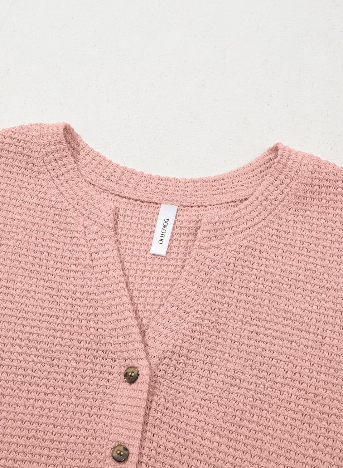 image:imageDokotoo Womens Waffle Knit Tops 2026 Dressy Casual Button Shirts Long Sleeve V Neck Blouses Basic TeePink
