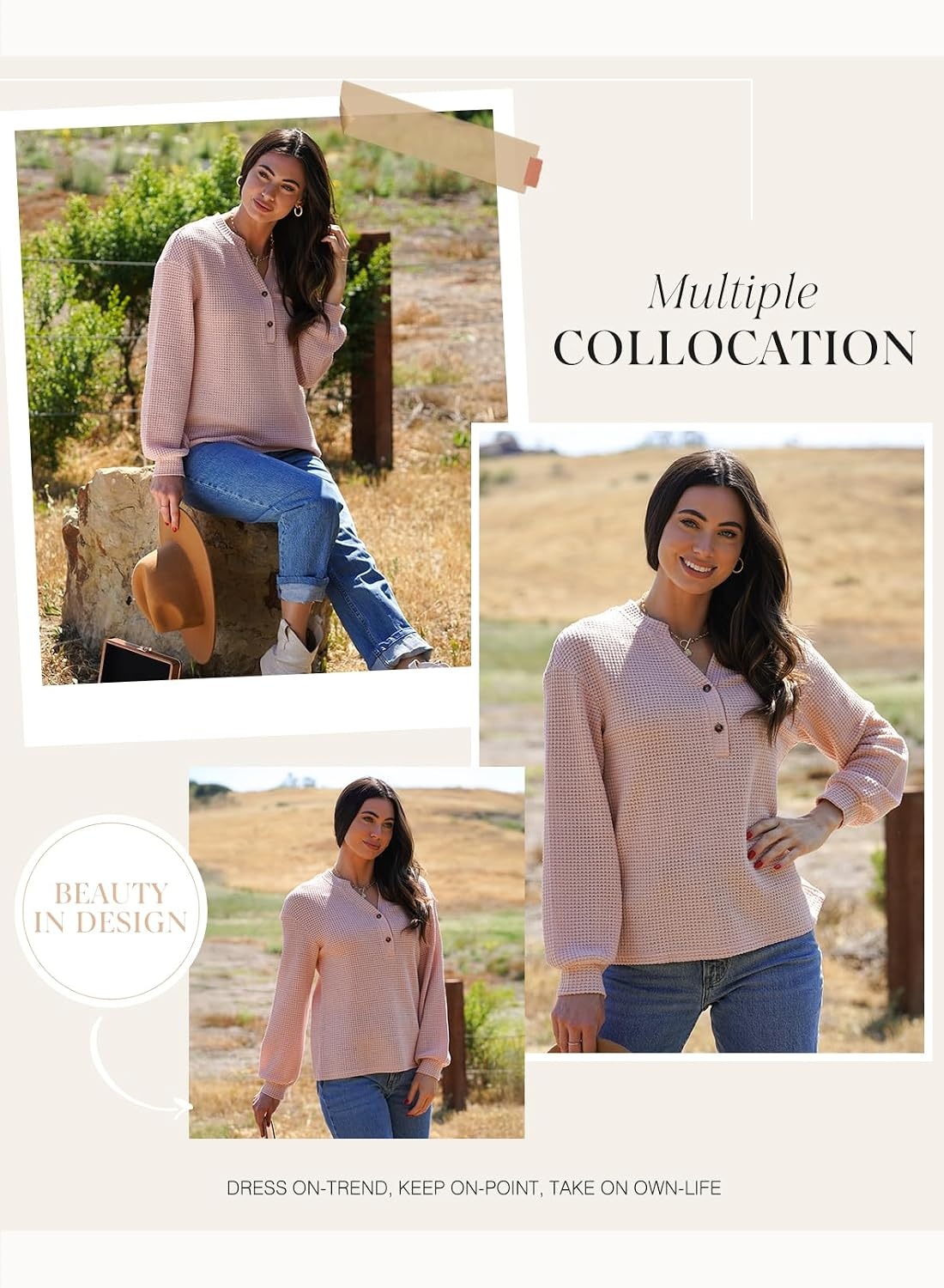 image:imageDokotoo Womens Waffle Knit Tops 2026 Dressy Casual Button Shirts Long Sleeve V Neck Blouses Basic TeePink