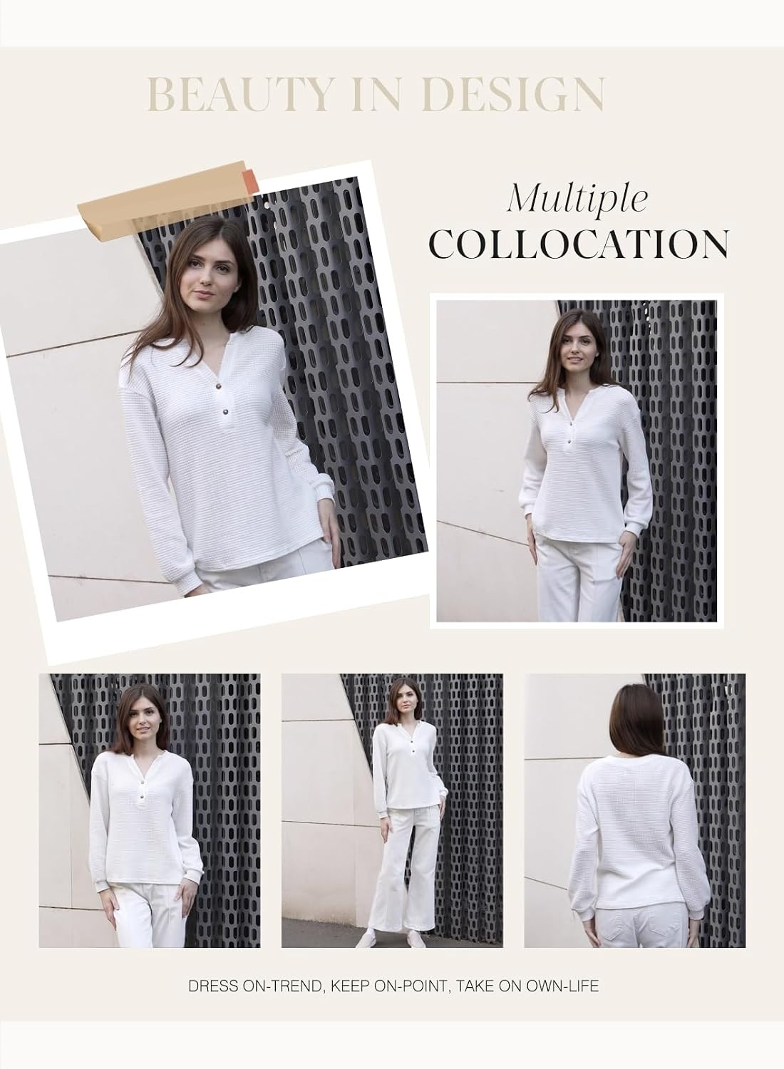 image:imageDokotoo Womens Waffle Knit Tops 2026 Dressy Casual Button Shirts Long Sleeve V Neck Blouses Basic TeeWhite