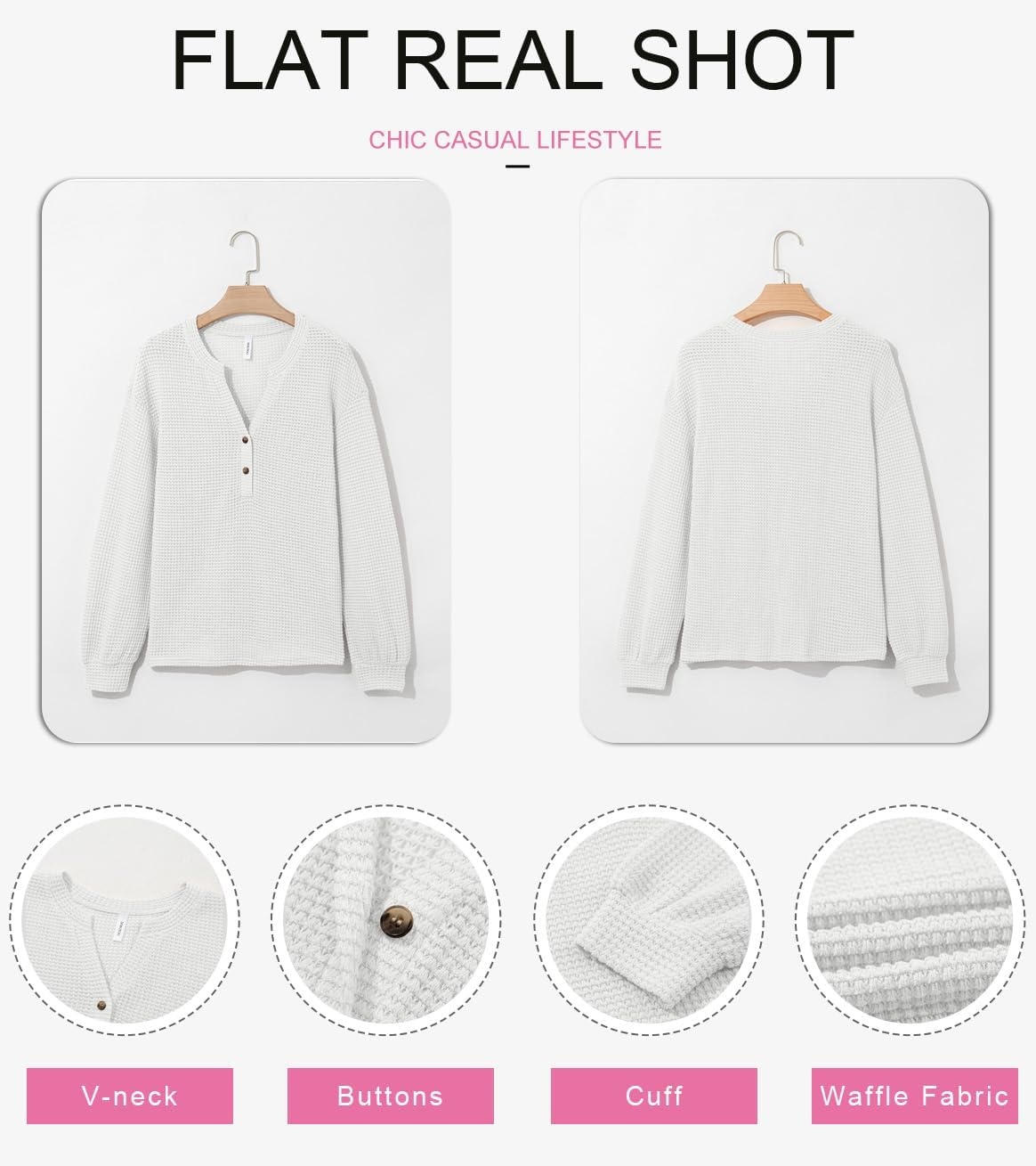 image:imageDokotoo Womens Waffle Knit Tops 2026 Dressy Casual Button Shirts Long Sleeve V Neck Blouses Basic TeeWhite