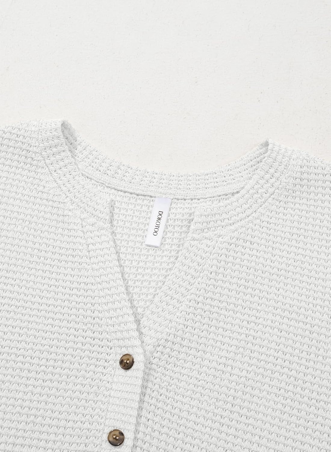 image:imageDokotoo Womens Waffle Knit Tops 2026 Dressy Casual Button Shirts Long Sleeve V Neck Blouses Basic TeeWhite