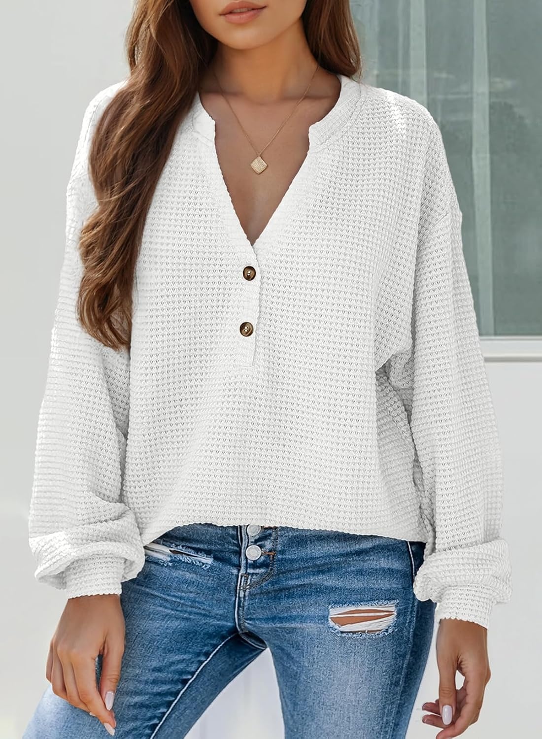 image:imageDokotoo Womens Waffle Knit Tops 2026 Dressy Casual Button Shirts Long Sleeve V Neck Blouses Basic TeeWhite