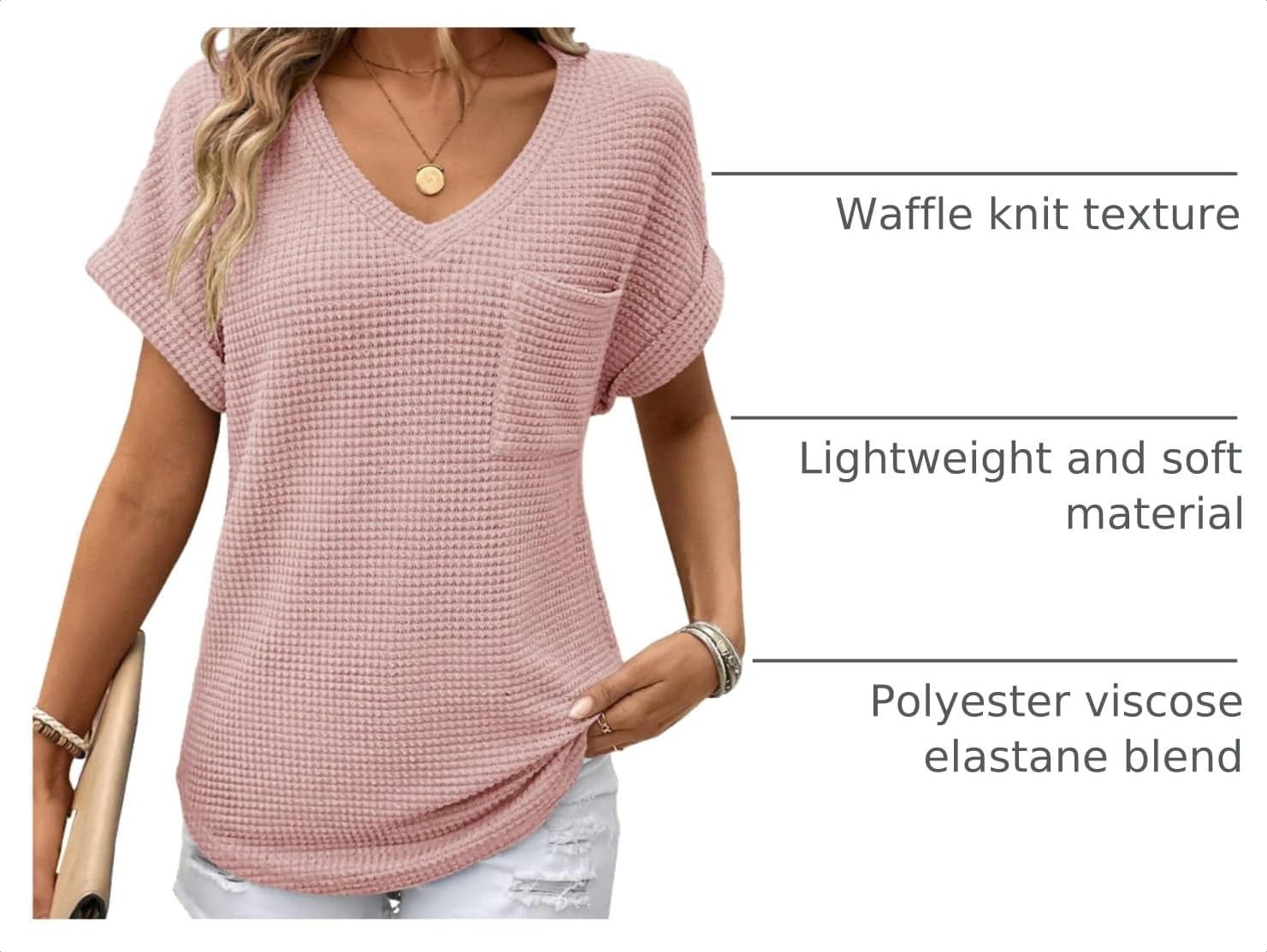 image:imageDokotoo Womens Waffle Knit Tops 2026 Summer Shirts Womens Blouses Basic TeeA Apricot Pink