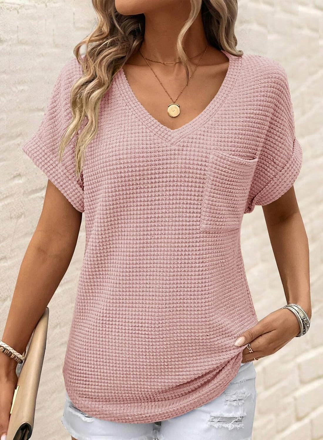 image:imageDokotoo Womens Waffle Knit Tops 2026 Summer Shirts Womens Blouses Basic TeeA Apricot Pink