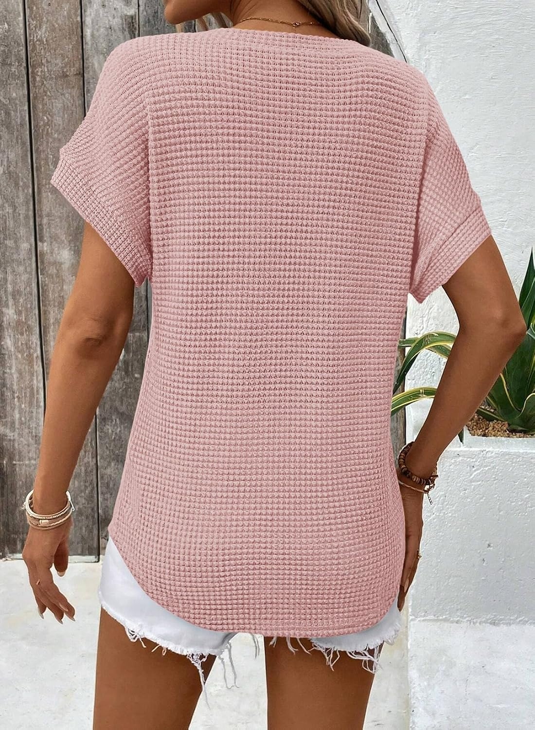 image:imageDokotoo Womens Waffle Knit Tops 2026 Summer Shirts Womens Blouses Basic TeeA Apricot Pink