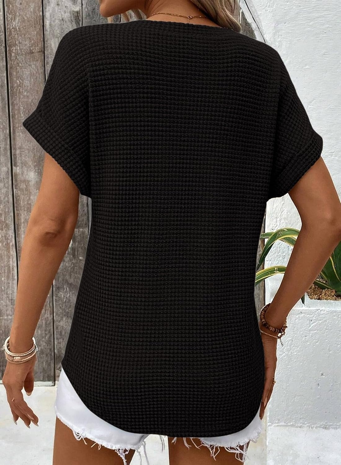 image:imageDokotoo Womens Waffle Knit Tops 2026 Summer Shirts Womens Blouses Basic TeeA Black